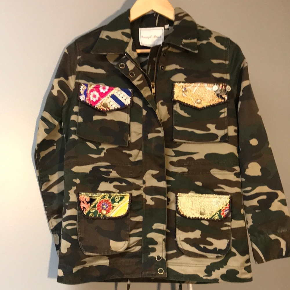 Camouflage Pea Coat with Embellished Pockets